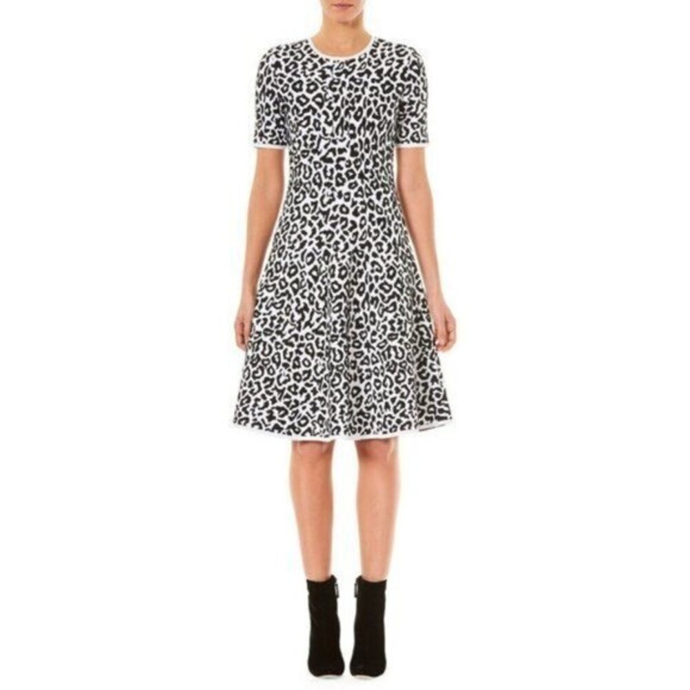 CAROLINA HERRERA Leopard Print Knit Flare Midi Dress Black White SZ L NEW $2,290
